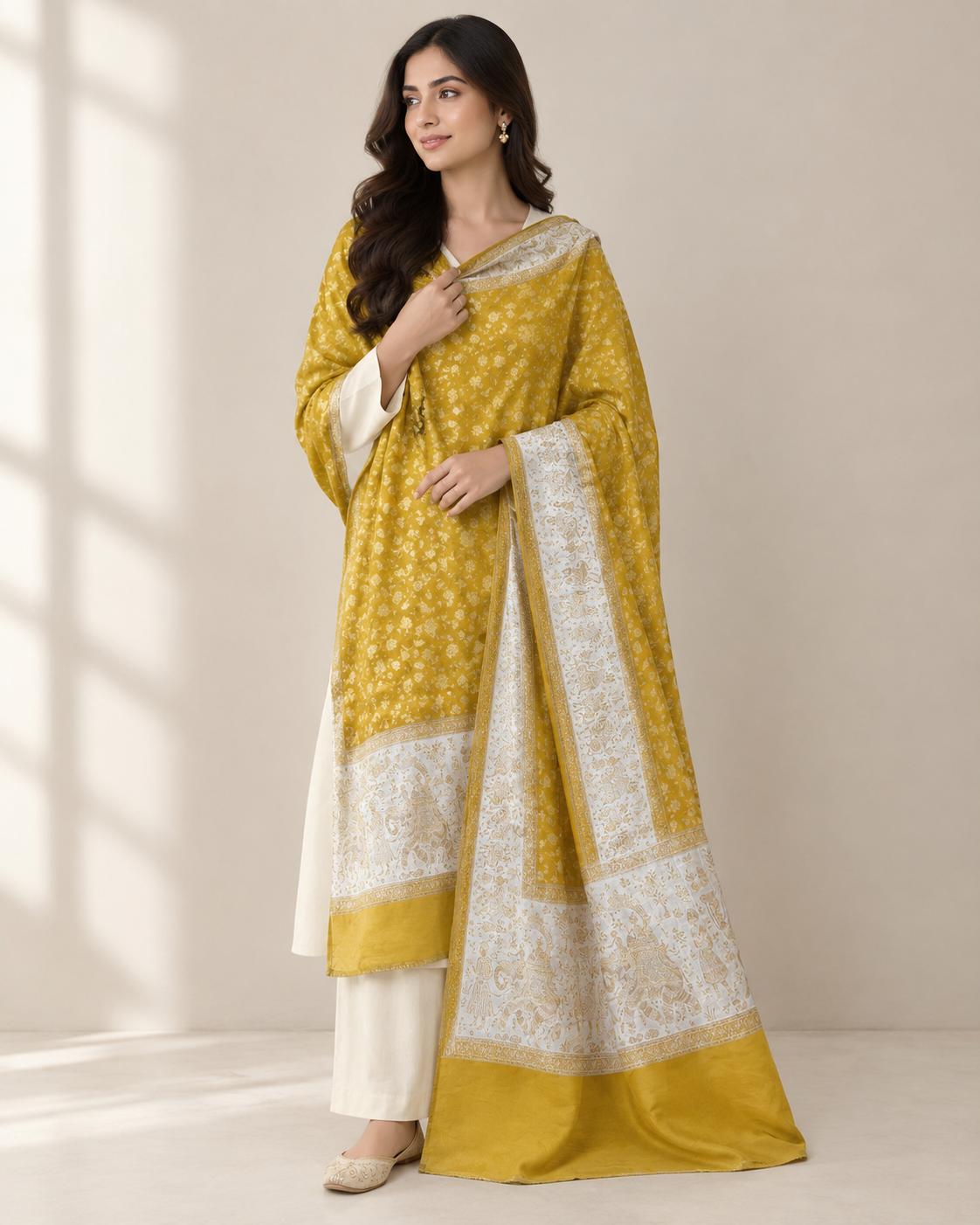 Mustard Kani silk Kashmiri shawl with traditional regal border
