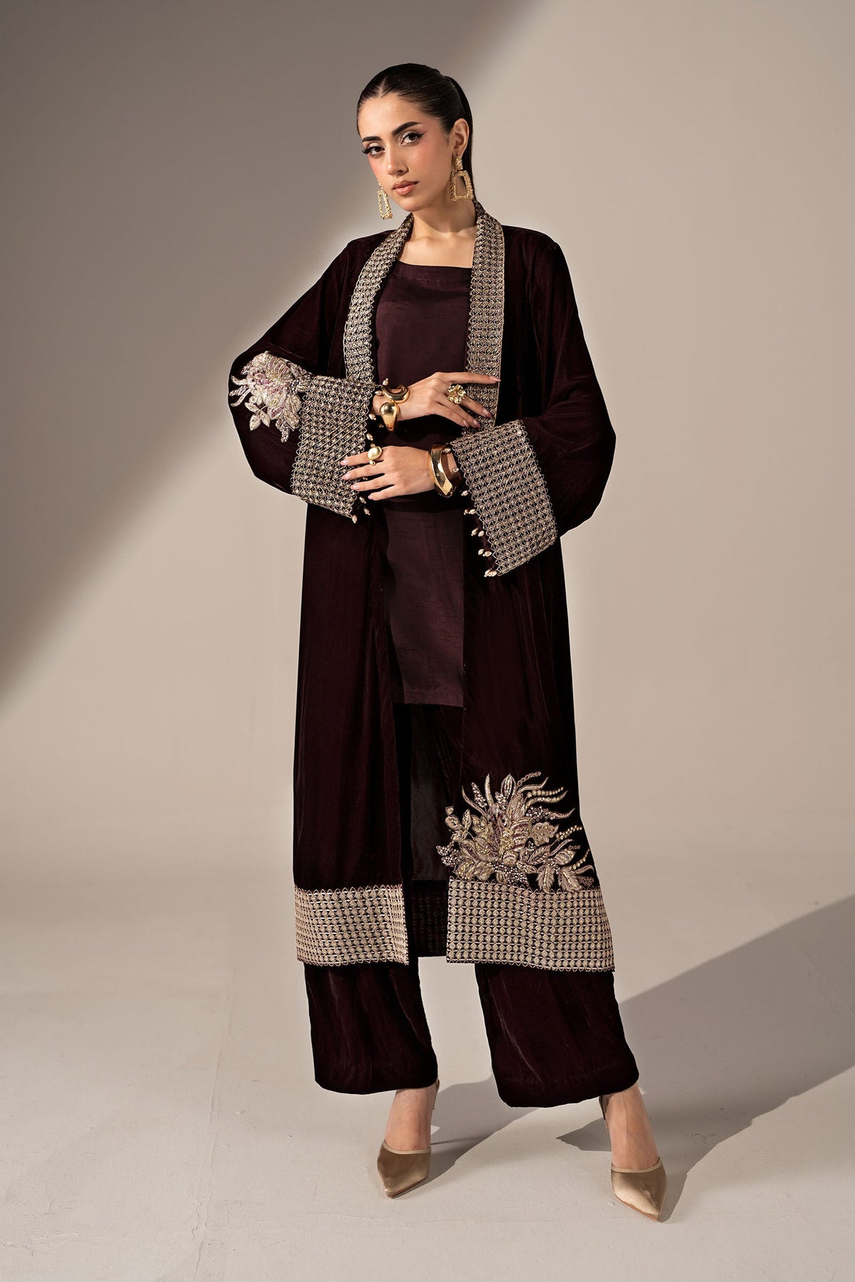 Maria B deep red embellished velvet wedding outfit