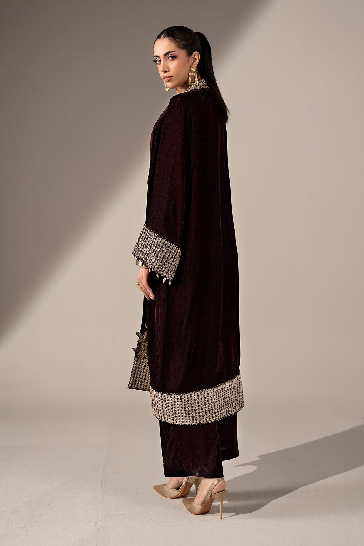 Deep red Maria B Pakistani designer velvet suit for weddings