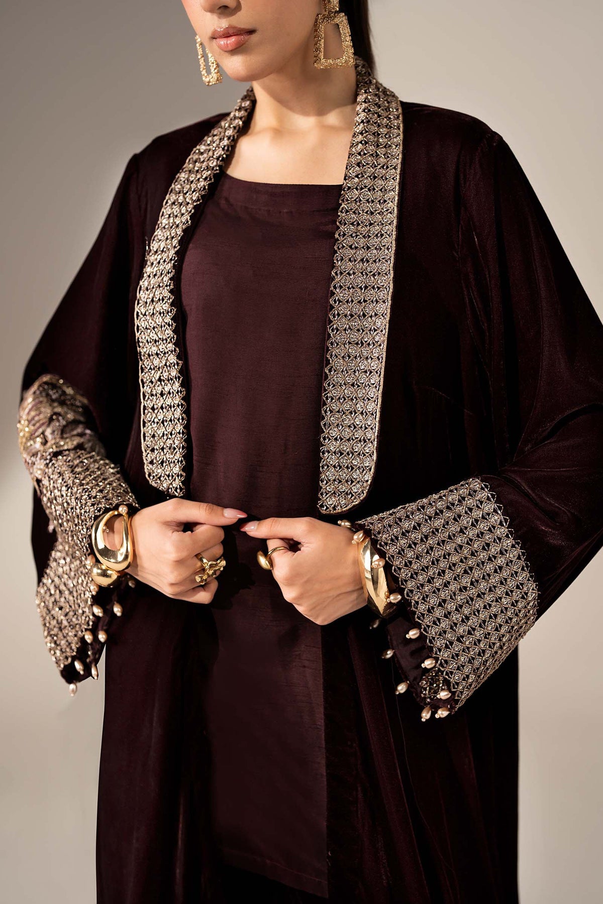 Deep red Maria B Pakistani designer velvet suit for weddings