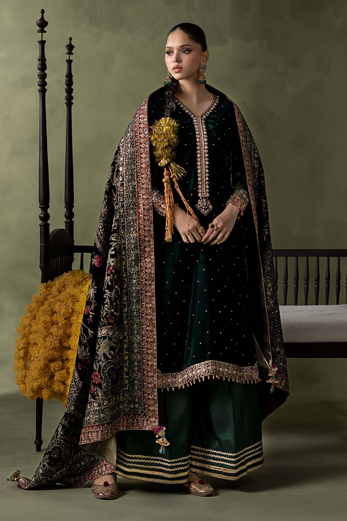 Maria B green embroidered velvet straight shirt with V neckline