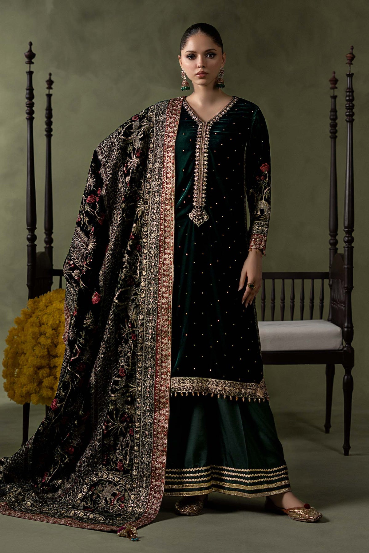 Maria B Winter Collection 2026 green embroidered velvet 3 piece suit