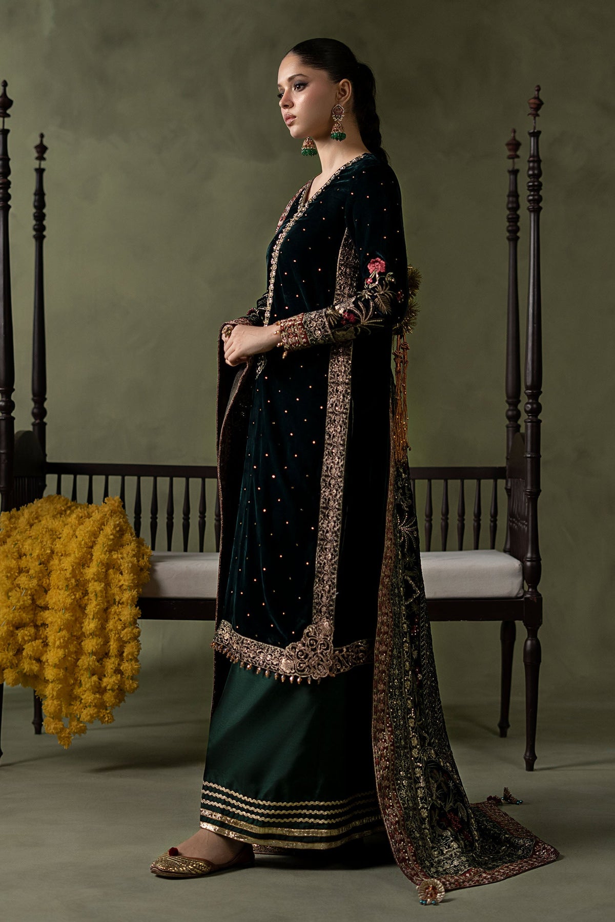 Maria B green velvet shirt with diamante embellished sleeves