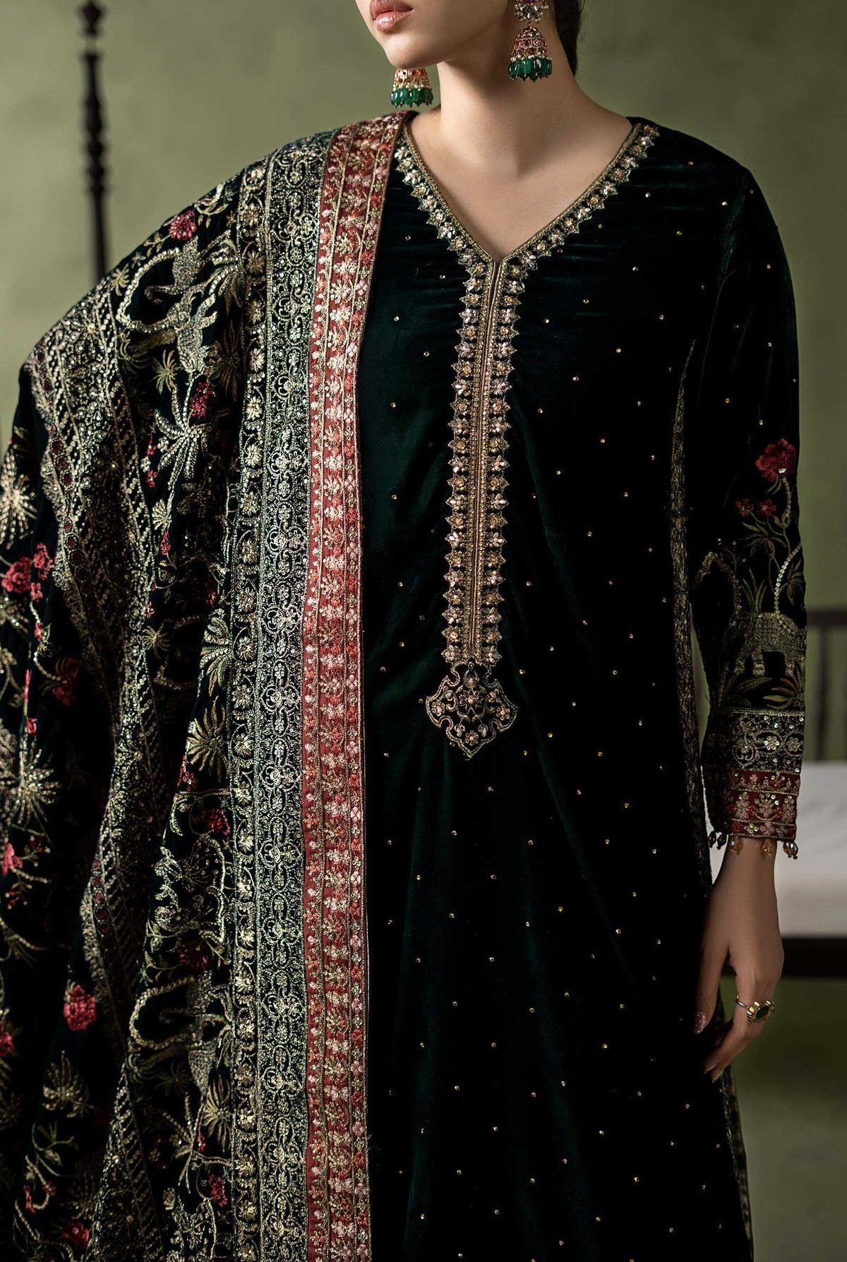 Maria B green raw silk culottes with embroidered velvet shirt