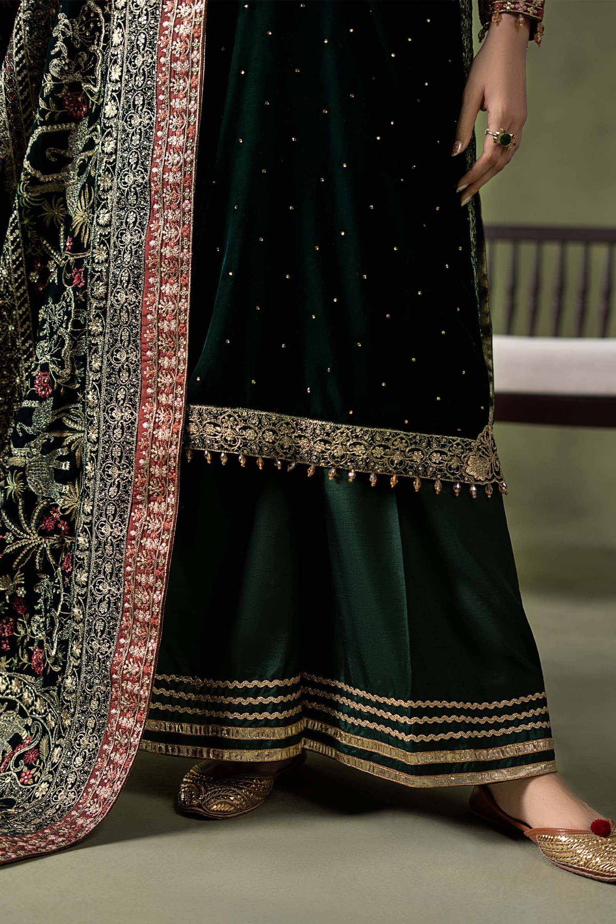 Maria B green embroidered velvet dupatta with tassel border