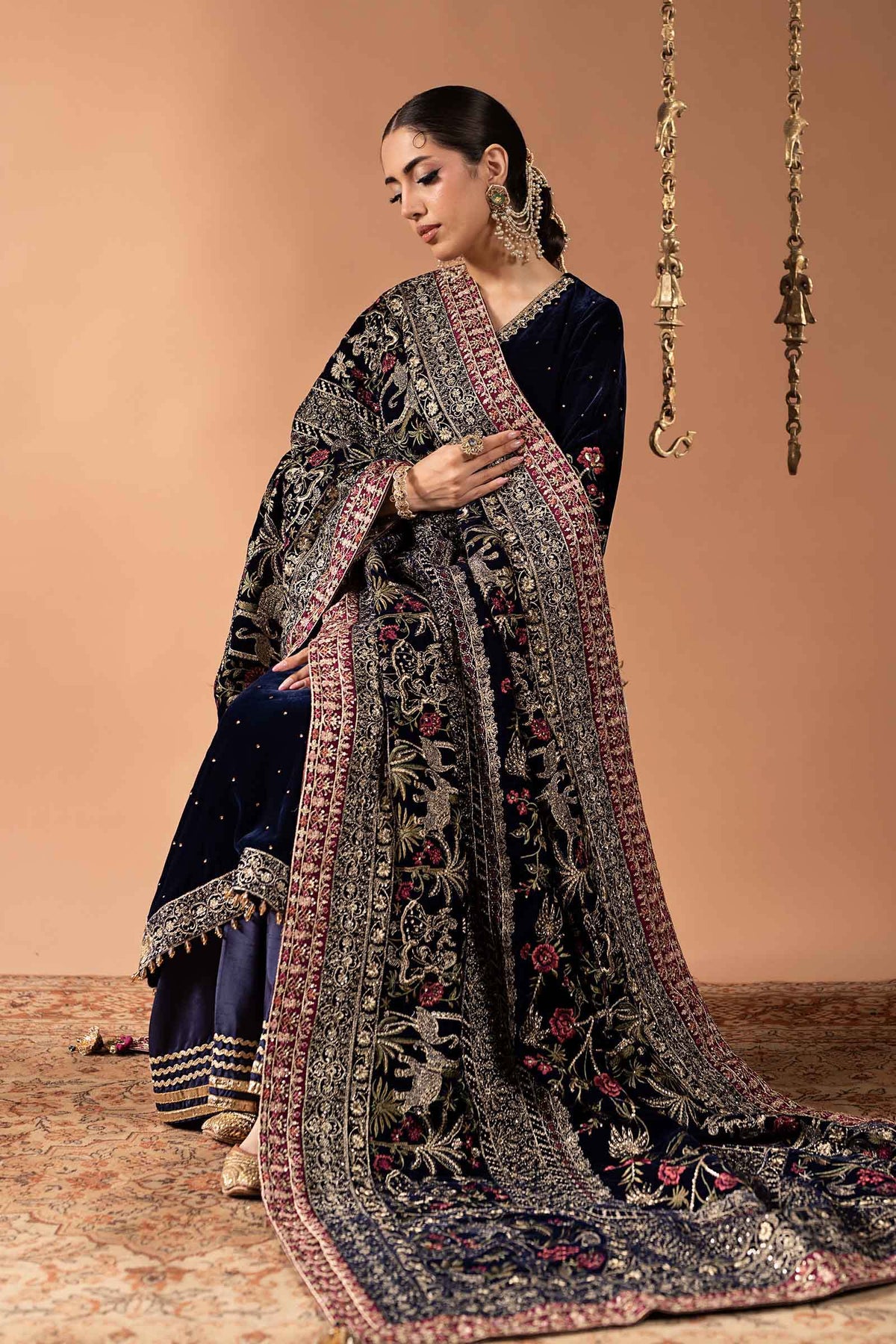 Maria B blue embroidered velvet straight shirt with V neckline