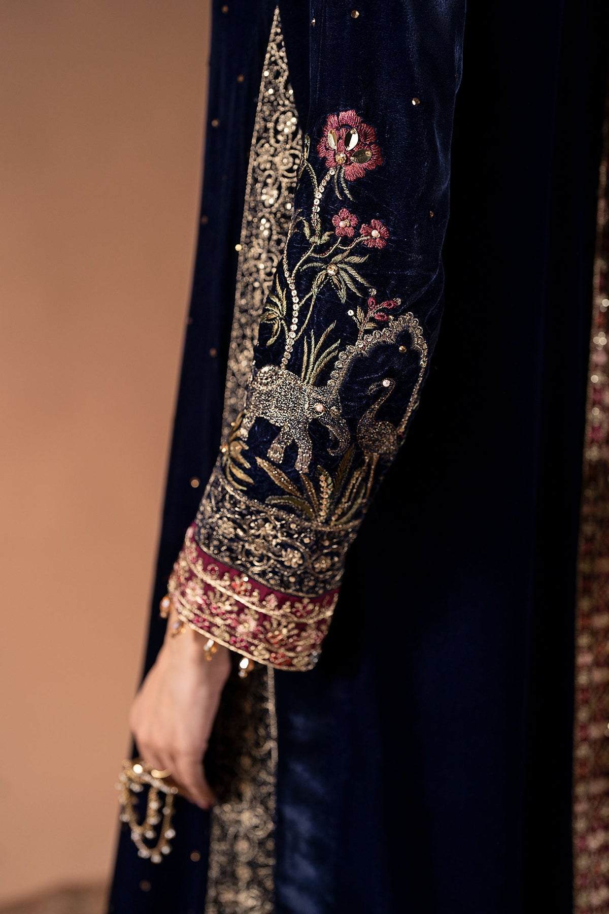Maria B blue velvet shirt with diamante embellished sleeves