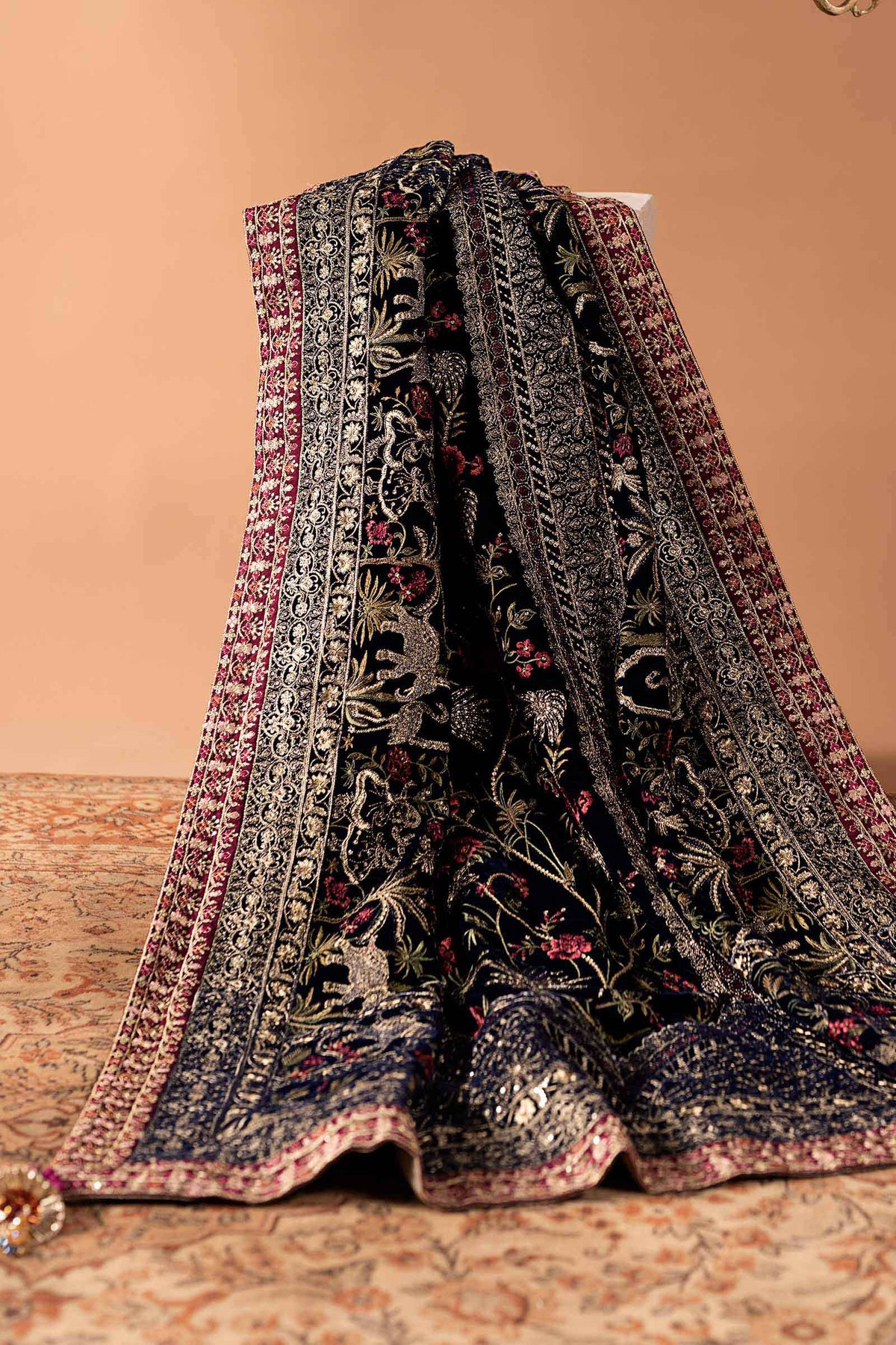 Maria B blue embroidered velvet dupatta with tassel border