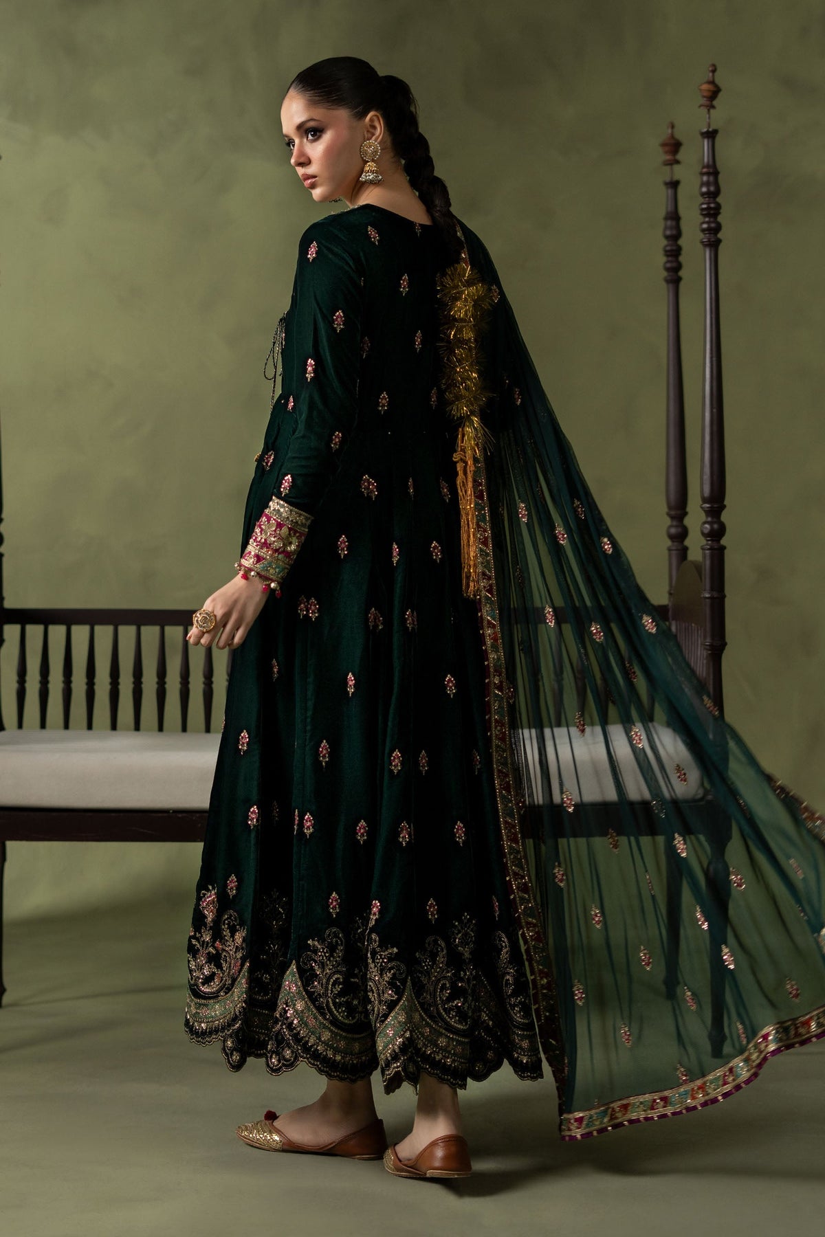 Maria B green embroidered velvet angrakha with tassel neckline