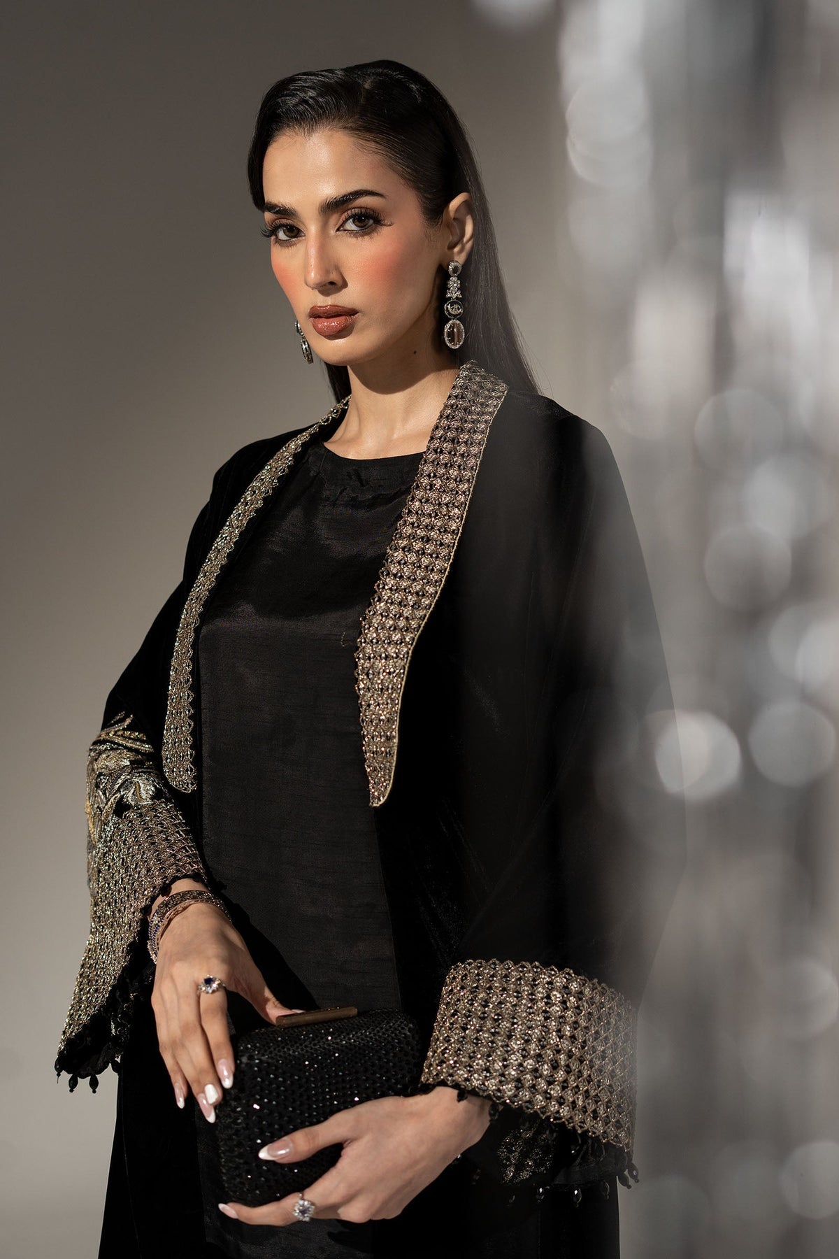 Maria B black embroidered velvet front open jacket