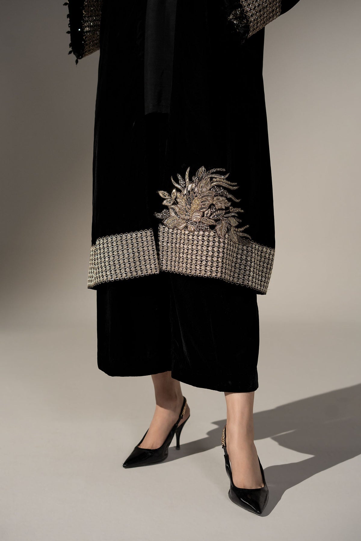 Maria B black velvet jacket with hand embellished shawl collar