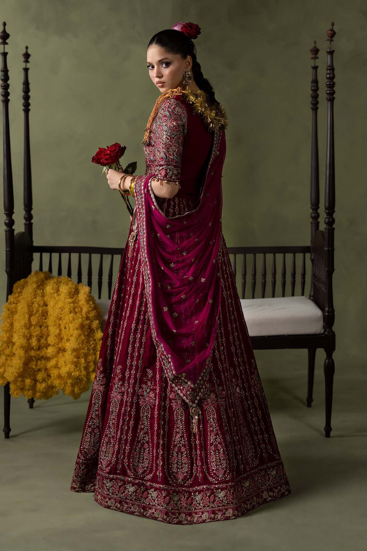 Maria B pink embroidered velvet blouse with embellished neckline