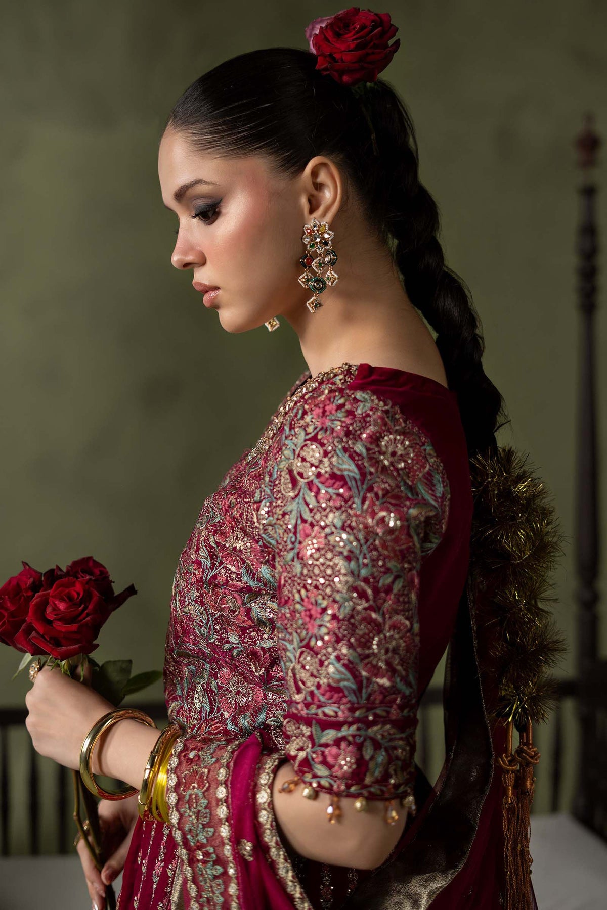 Maria B embroidered net dupatta with scalloped border