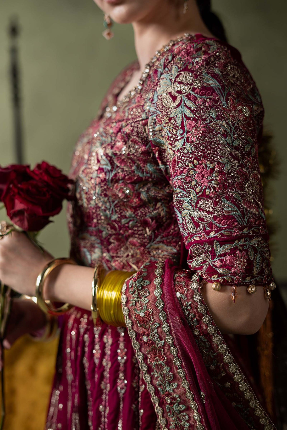 Maria B embroidered net dupatta with scalloped border