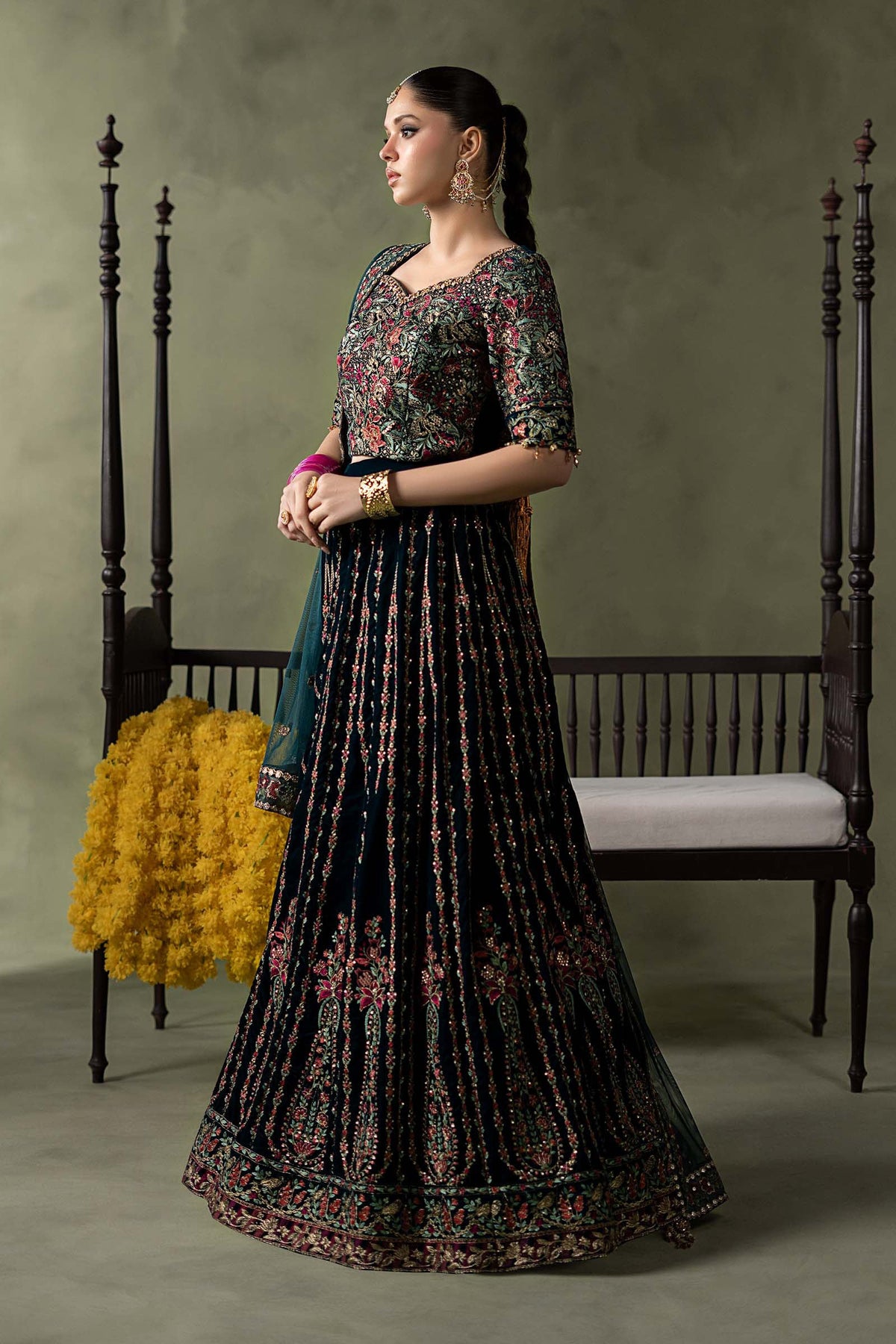 Maria B Winter Collection 2026 teal embroidered velvet lehenga