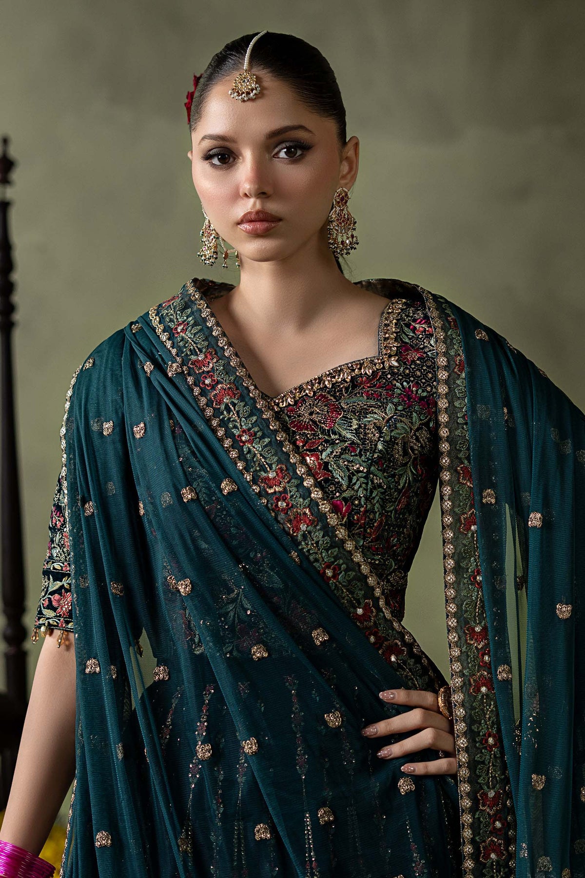 Maria B embroidered net dupatta with scalloped border