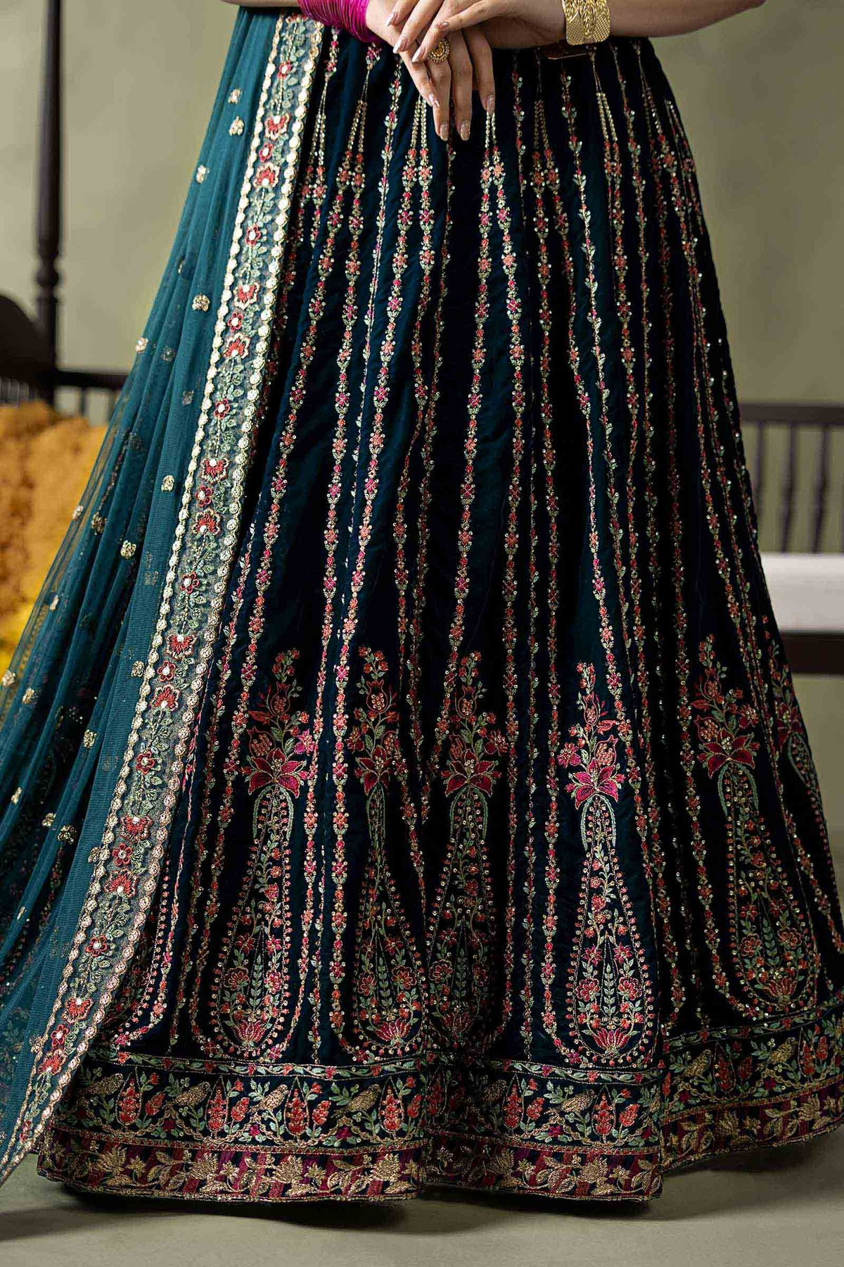Maria B Pakistani designer teal velvet outfit Winter 2026