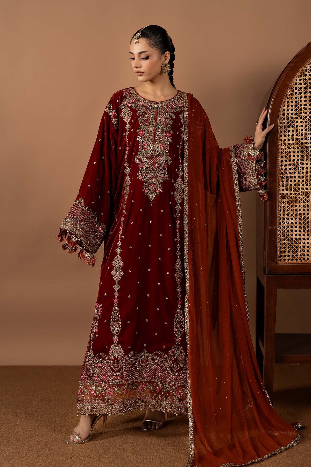 Maria B Winter Collection 2026 embroidered velvet 3 piece suit in Rust