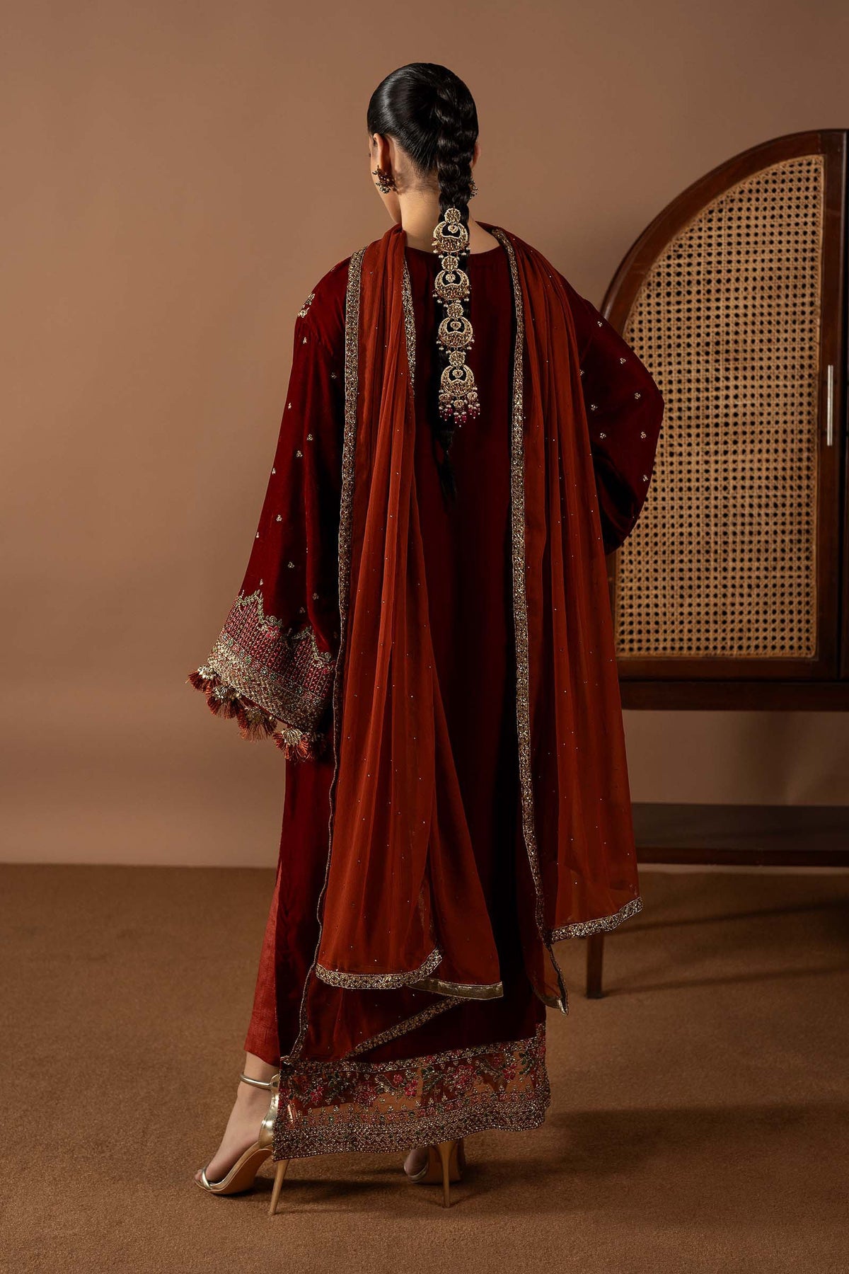 Maria B Rust velvet Pakistani designer suit with embroidered shirt