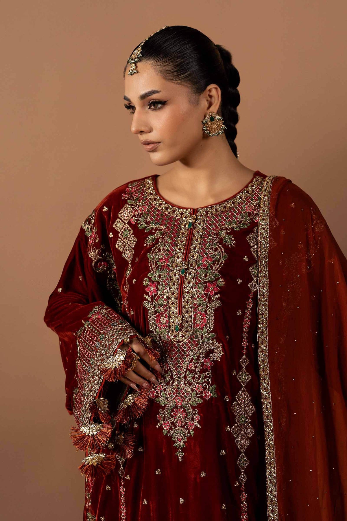 Maria B Rust velvet Pakistani designer suit with embroidered shirt