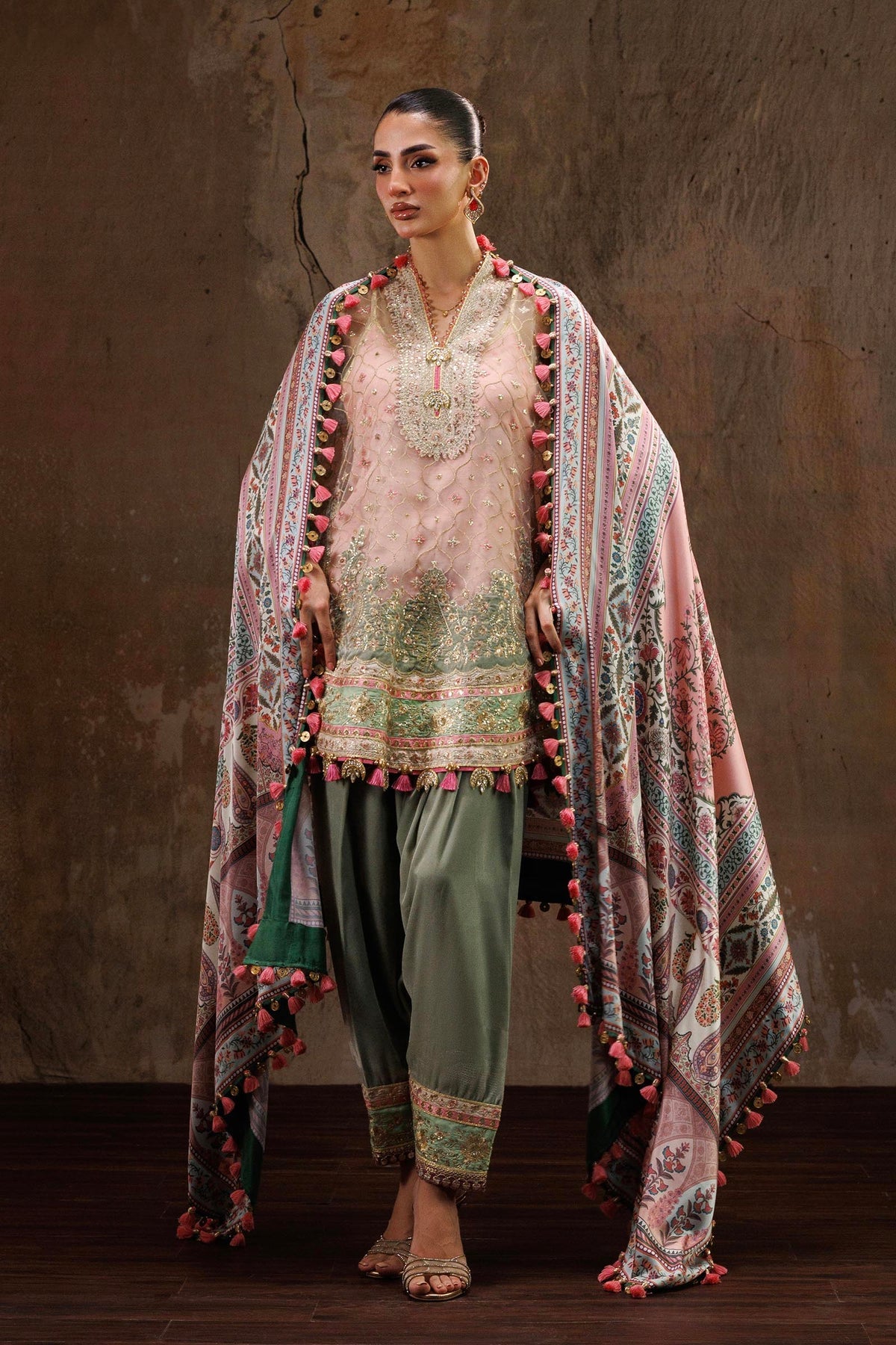 Sana Safinaz | Unstitched Printed 3 Piece Raw Silk & Net Suit - LebaasOnline 