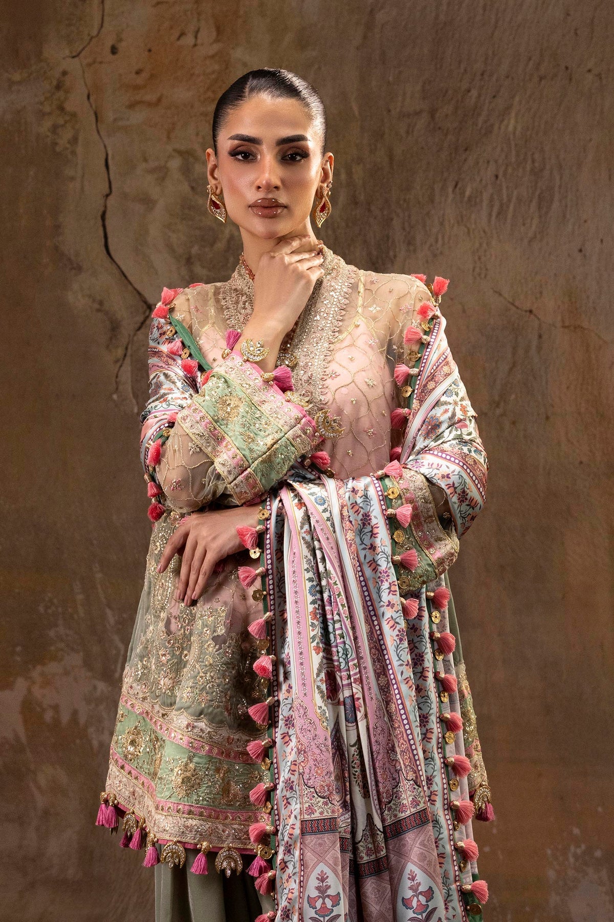 Sana Safinaz | Unstitched Printed 3 Piece Raw Silk & Net Suit - LebaasOnline 