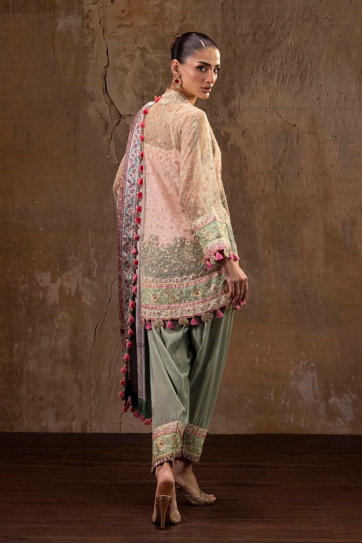 Sana Safinaz | Unstitched Printed 3 Piece Raw Silk & Net Suit - LebaasOnline 