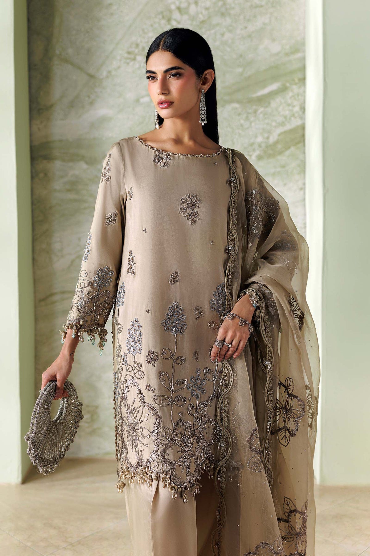 Maria B Soiree Collection 2026 Coffee embroidered Tusser silk Pakistani suit with Cutdana and pearls