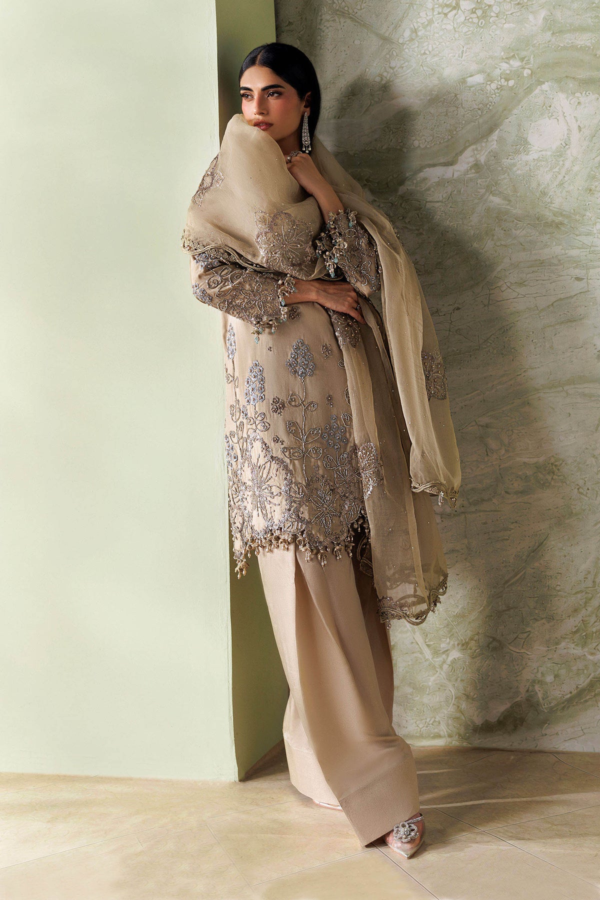 Maria B Soiree Collection 2026 Coffee embroidered Tusser silk Pakistani suit with Cutdana and pearls