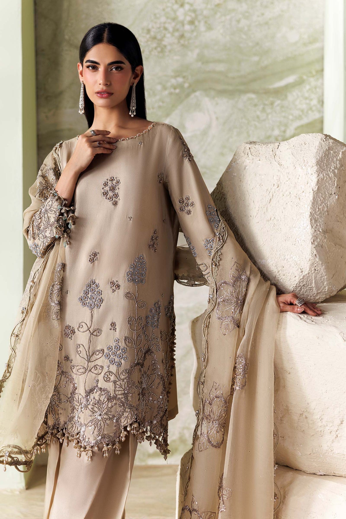 Maria B Soiree Collection 2026 Coffee embroidered Tusser silk Pakistani suit with Cutdana and pearls