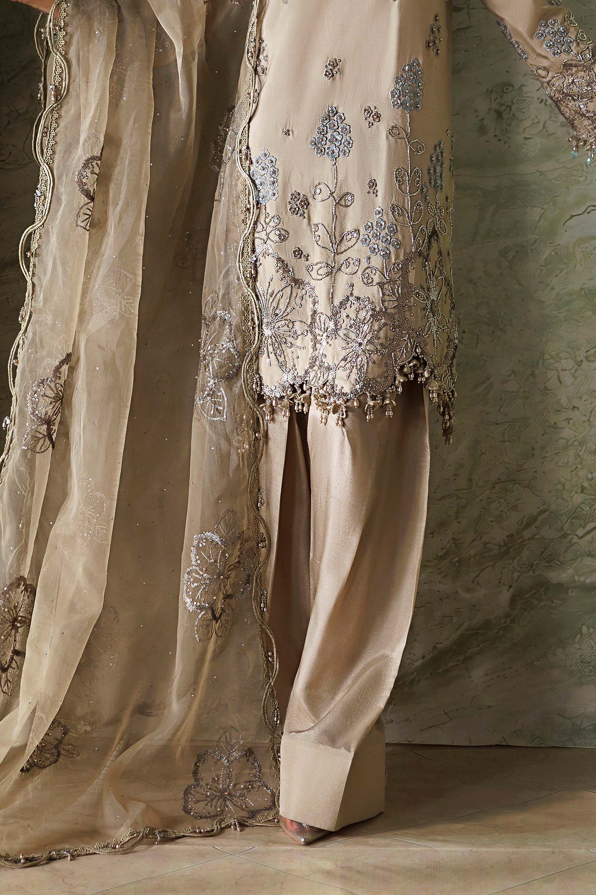 Maria B Soiree Collection 2026 Coffee embroidered Tusser silk Pakistani suit with Cutdana and pearls