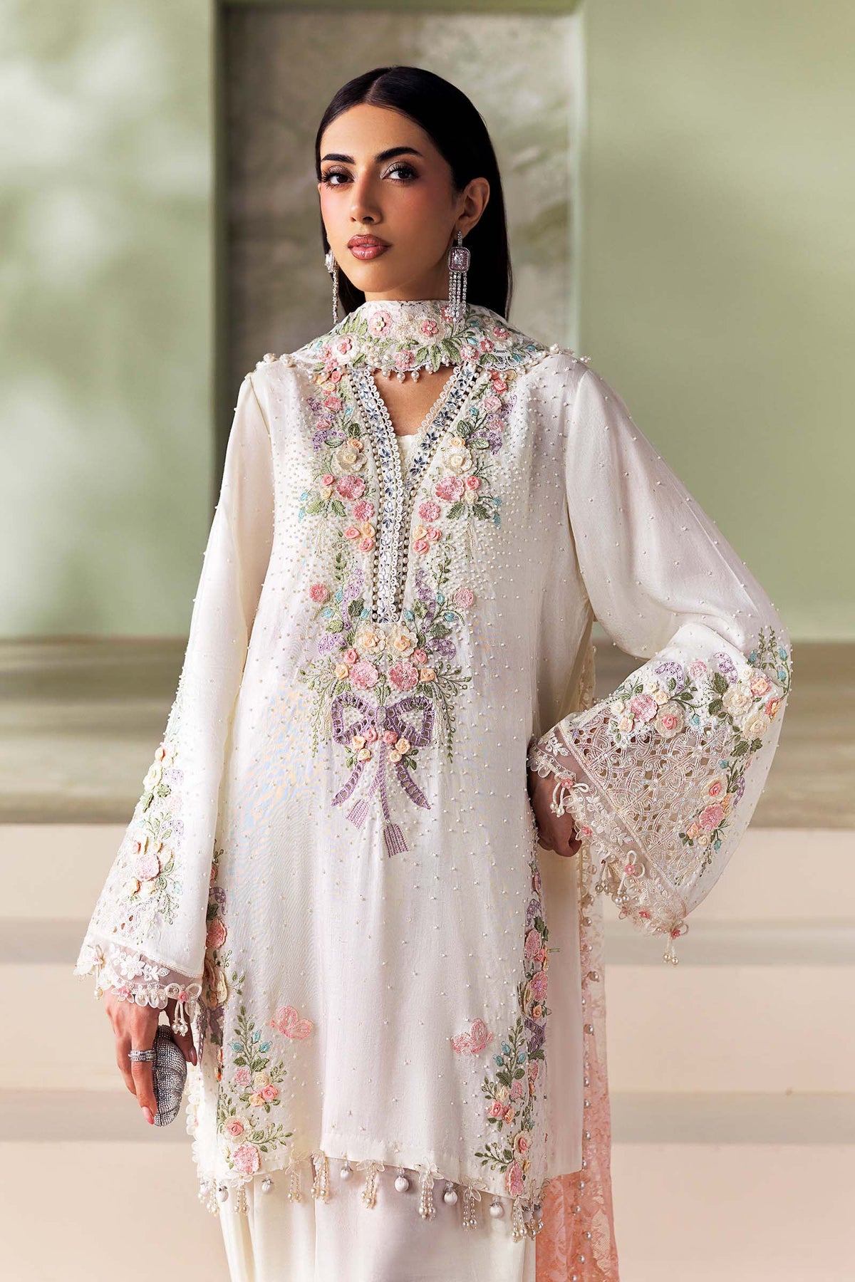 Maria B Soiree Collection 2026 Off-White embroidered Tusser silk Pakistani suit with 3D flowers