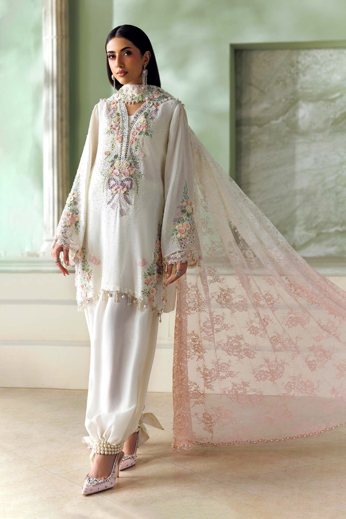 Maria B Soiree Collection 2026 Off-White embroidered Tusser silk Pakistani suit with 3D flowers