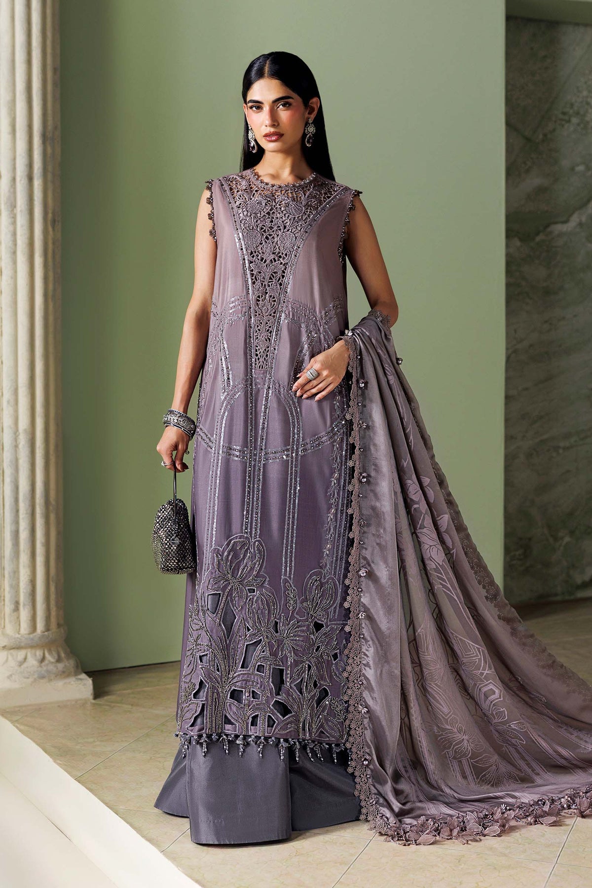 Maria B Soiree Collection 2026 Coffee and Grey embroidered Bell Raw Silk Pakistani suit