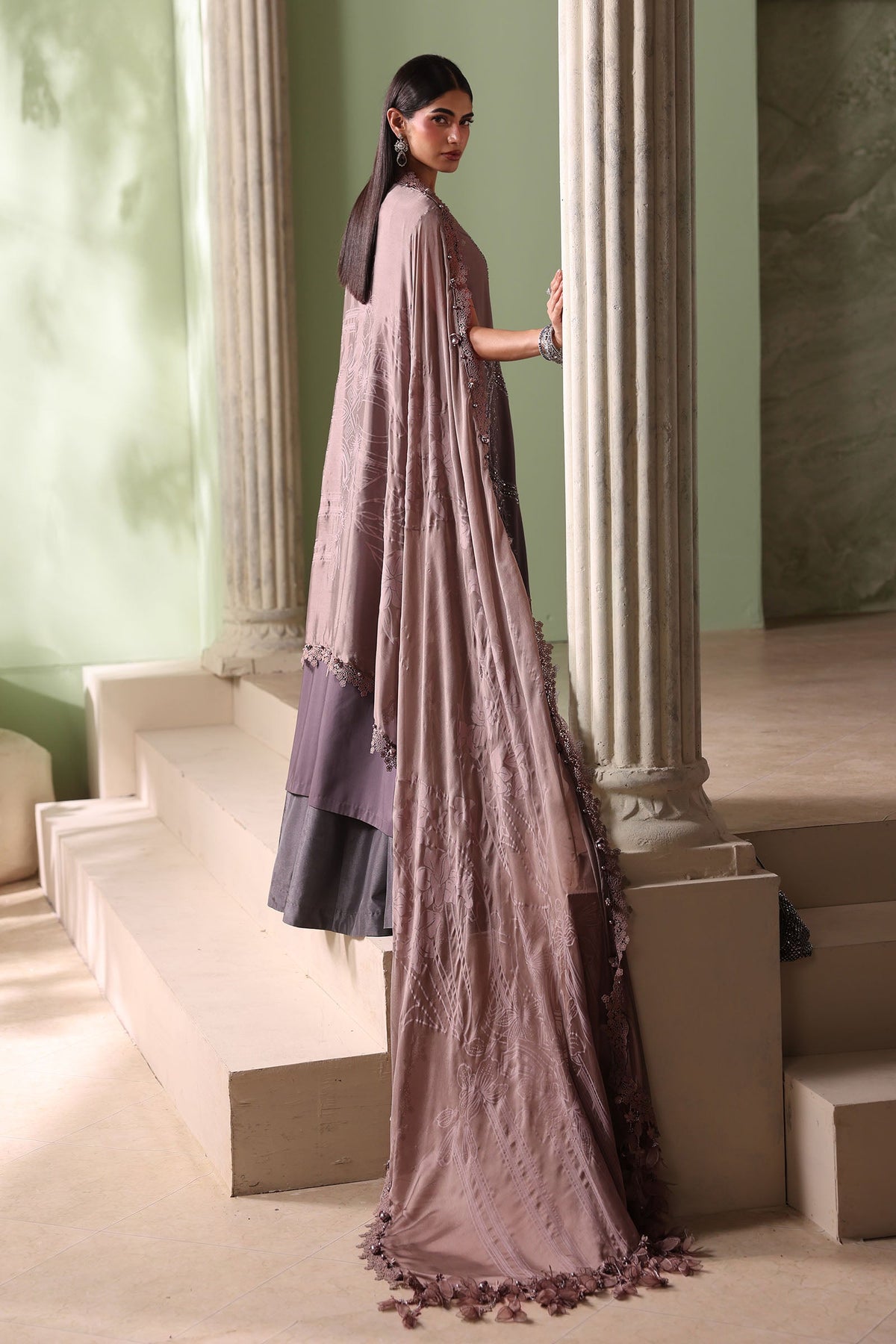 Maria B Soiree Collection 2026 Coffee and Grey embroidered Bell Raw Silk Pakistani suit