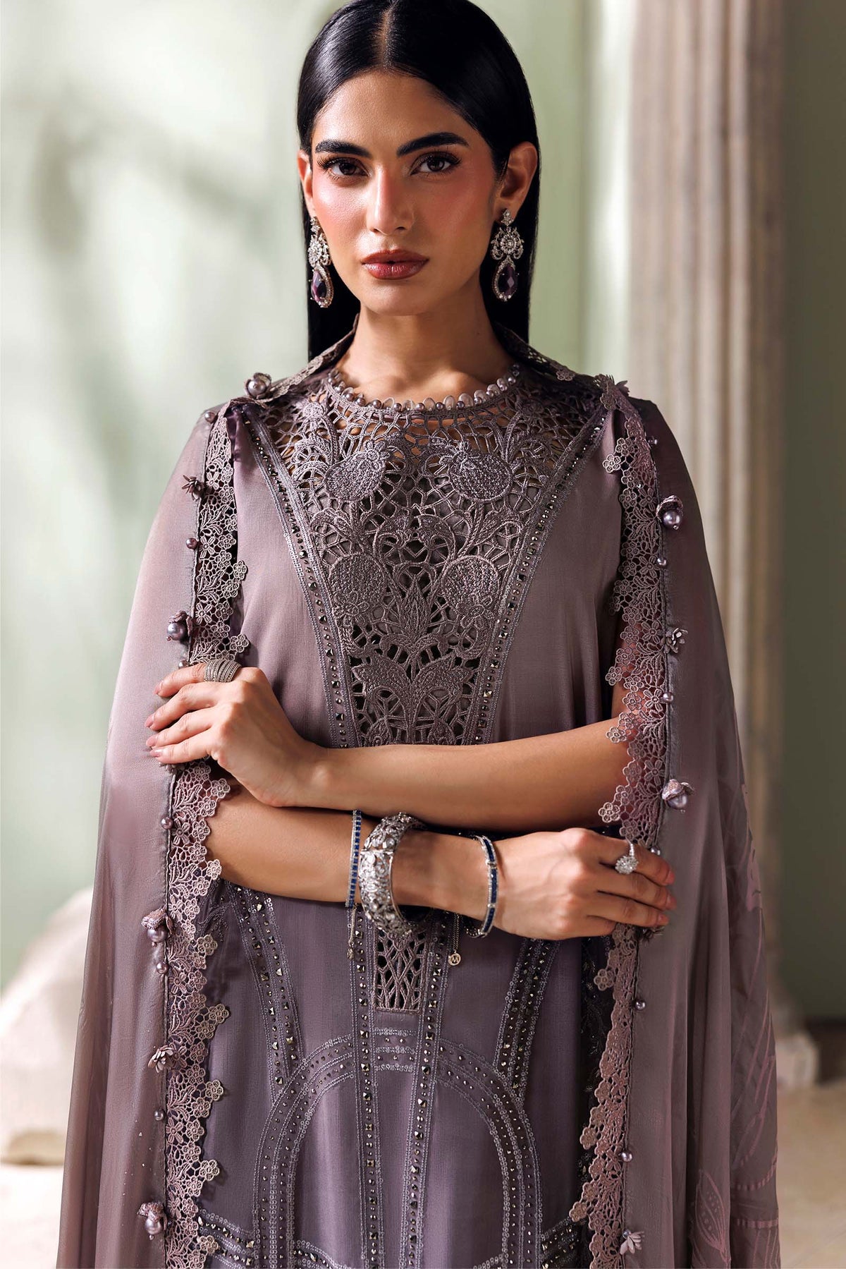 Maria B Soiree Collection 2026 Coffee and Grey embroidered Bell Raw Silk Pakistani suit