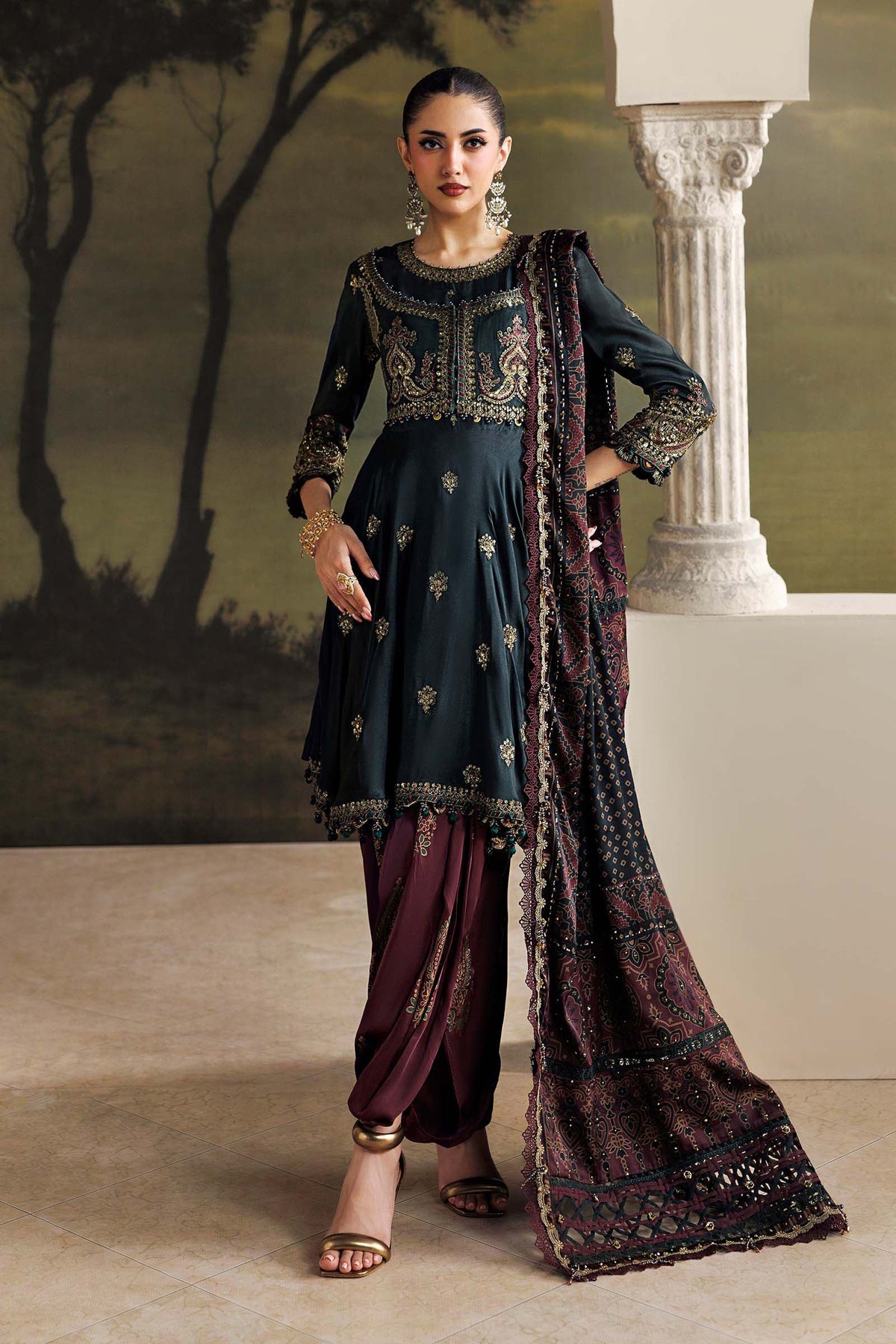 Maria B Soiree Collection 2026 dark green embroidered Tusser silk Pakistani suit