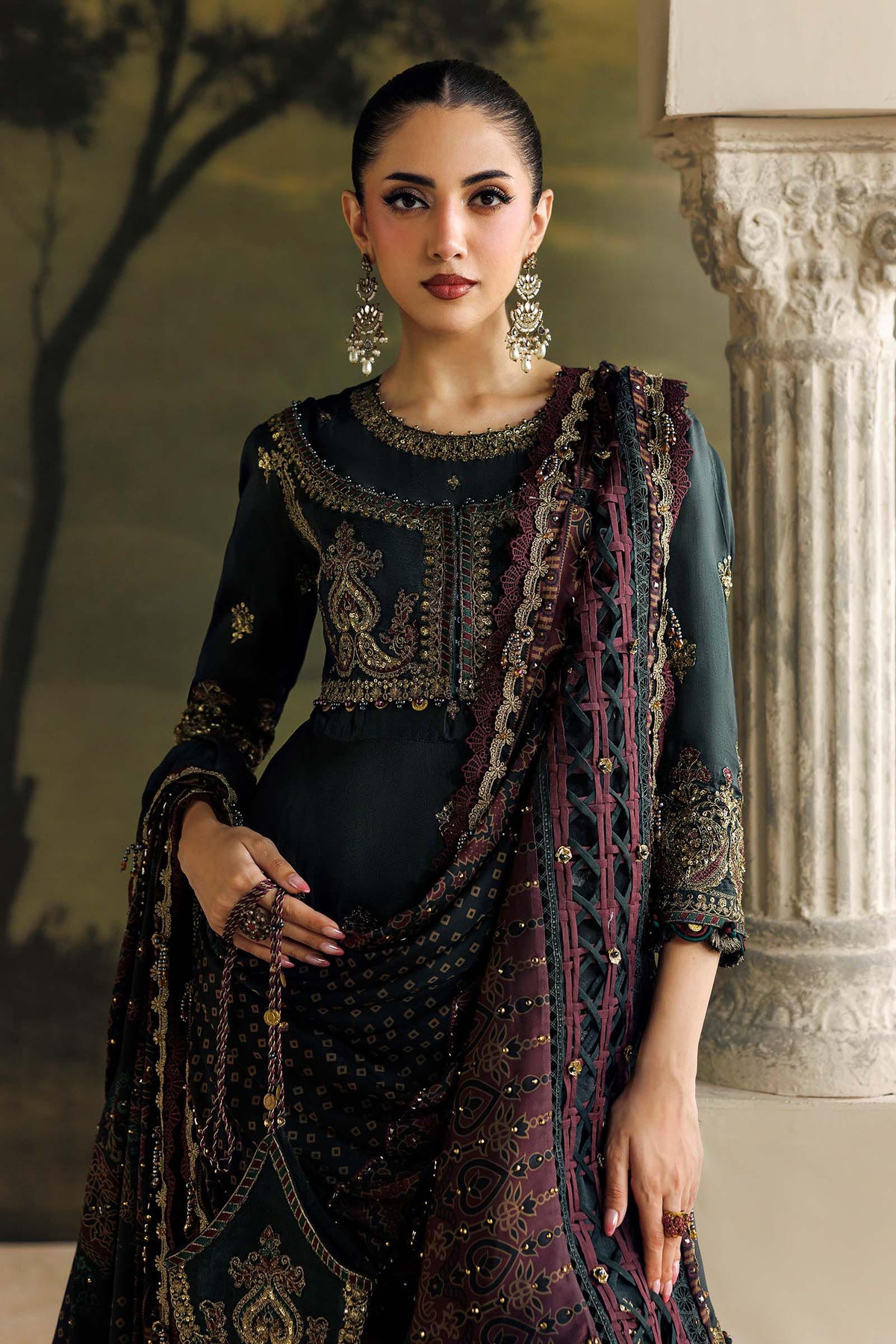 Maria B Soiree Collection 2026 dark green embroidered Tusser silk Pakistani suit