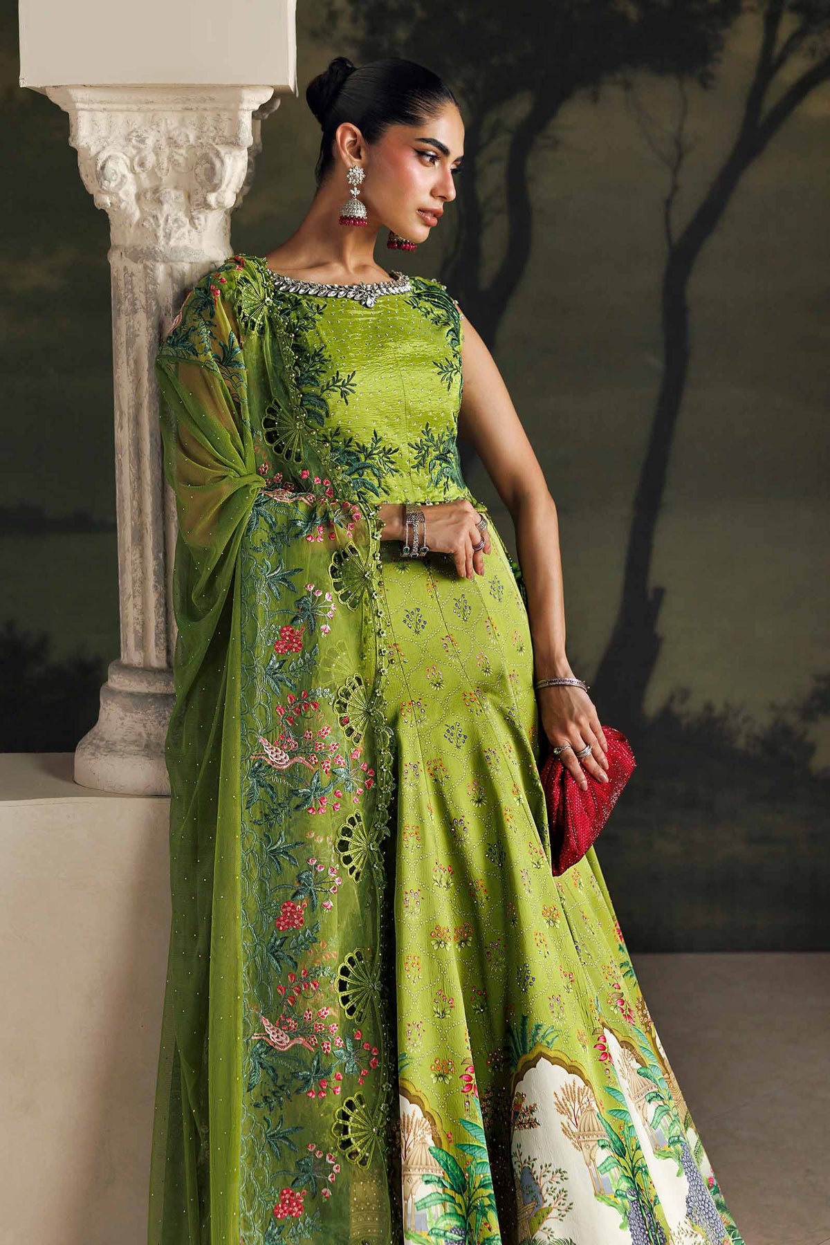 Maria B Soiree Collection 2026 green embroidered raw silk Pakistani suit with silk lehenga