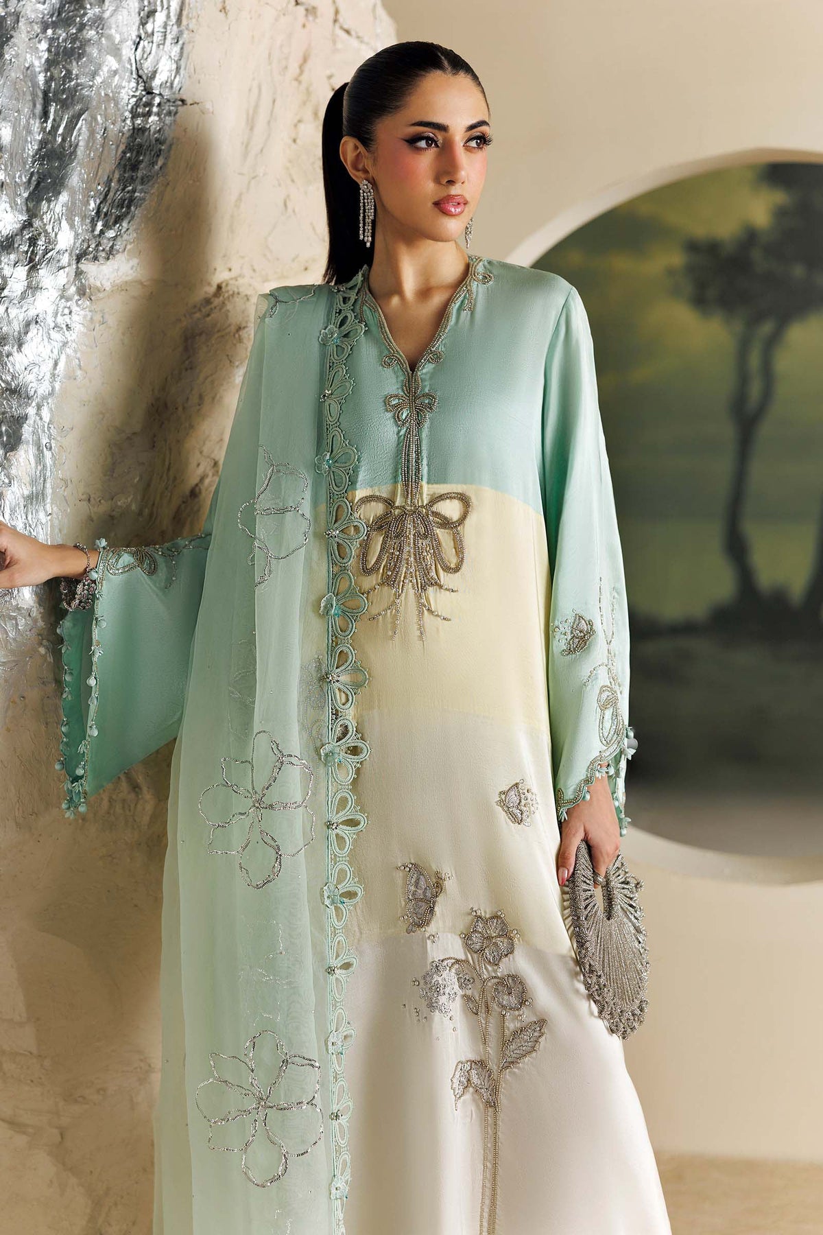 Maria B Soiree Collection 2026 Aqua and Off White embroidered raw silk Pakistani suit