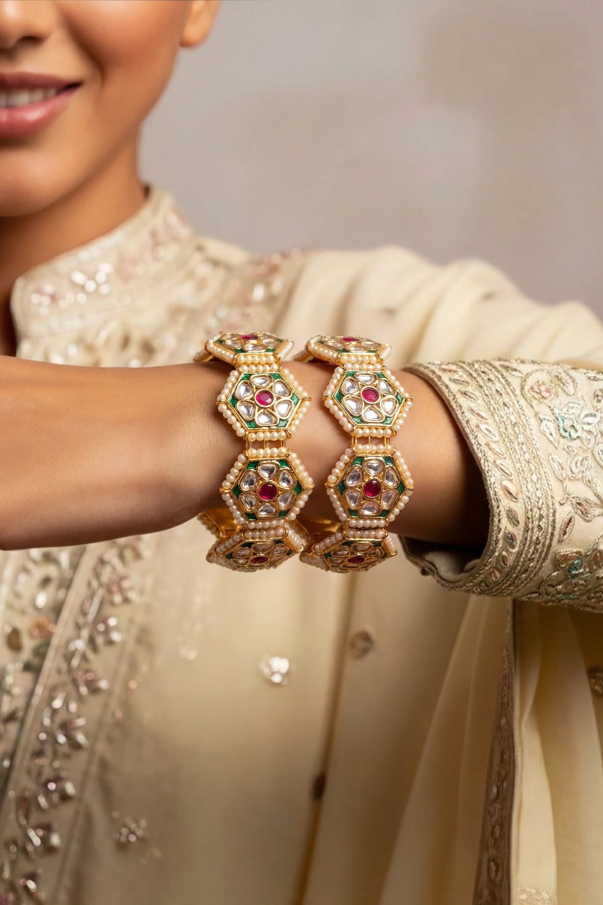 Gold-Plated Multicolour Bridal Bangles with Pearl Detailing