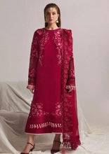 Load image into Gallery viewer, Embrace the elegance of summer season with this maroon ensemble, adorned with intricate floral embroidery. Paired with Same color dyed shalwar and a sublime organza embroidered dupatta, it&#39;s a timeless ode to floral beauty.  Fabric Details:  Shirt: Lawn Trouser: Cotton Dupatta: Organza Fabric Details in Meters:  Embroidered Dupatta (Organza) 2.60 meters Embroidered Front Back Side Extensions Border (Lawn) 4.55 Meters Embroidered Front Center Panel (Lawn) 1.00 Piece Embroidered Front Left Panel (Lawn) 1.00 P