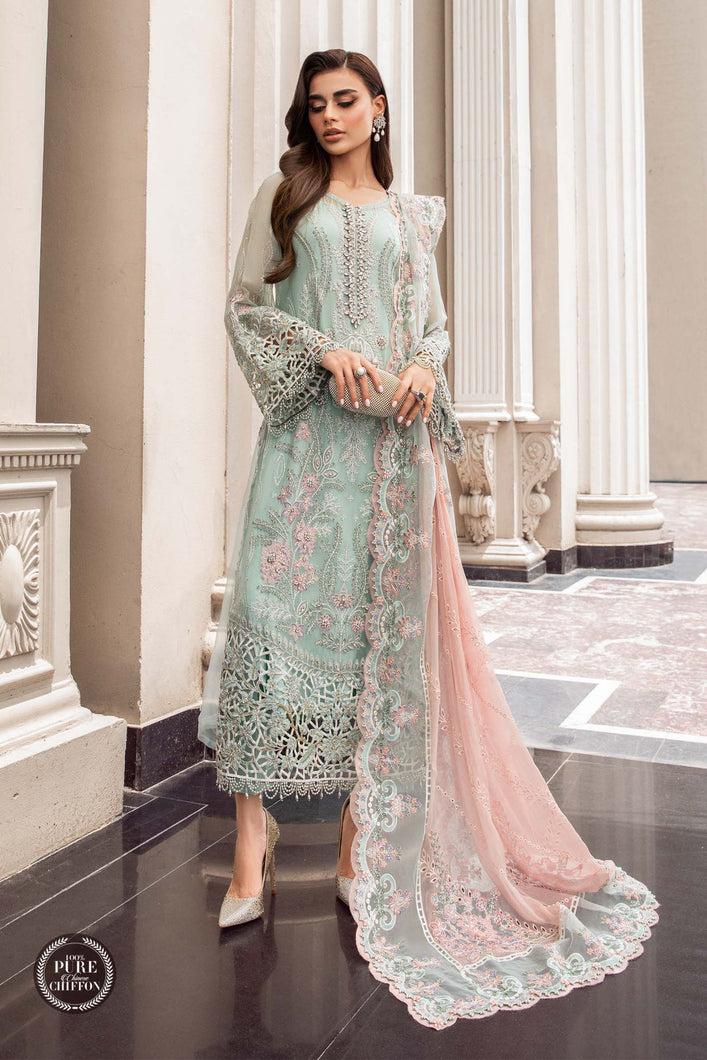Maria.B | Embroidered Chiffon Collection '23 available at Lebaasonline. The largest stockiest of M.prints Dresses in the UK. Shop Maria B Clothes Pakistani wedding. Maria B Chiffons, Mprints, Maria B Sateen Embroidered on discounted price in UK USA Manchester London Australia Belgium UAE France Germany Birmingham on Sale.