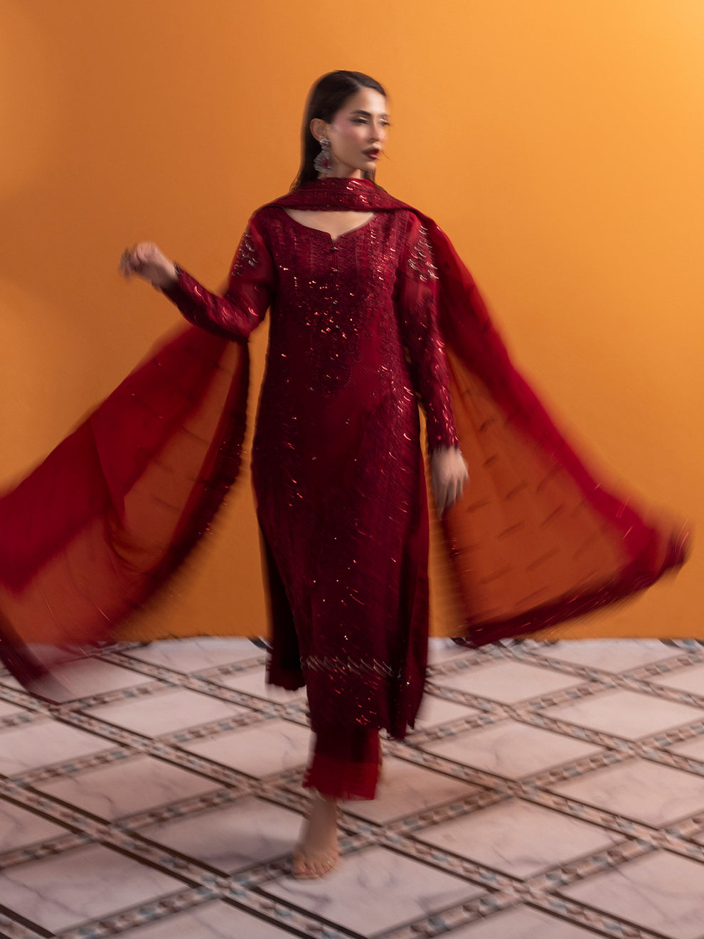 GULAAL | Maeri Luxury Chiffion '26 | Crimson Pakistani designer dress is available @lebaasonline. The Pakistani Wedding dresses of Maria B, Gulaal can be customized for Bridal/party wear. Get express shipping in UK, USA, France, Germany for Asian Outfits USA. Maria B Sale online can be availed here!!