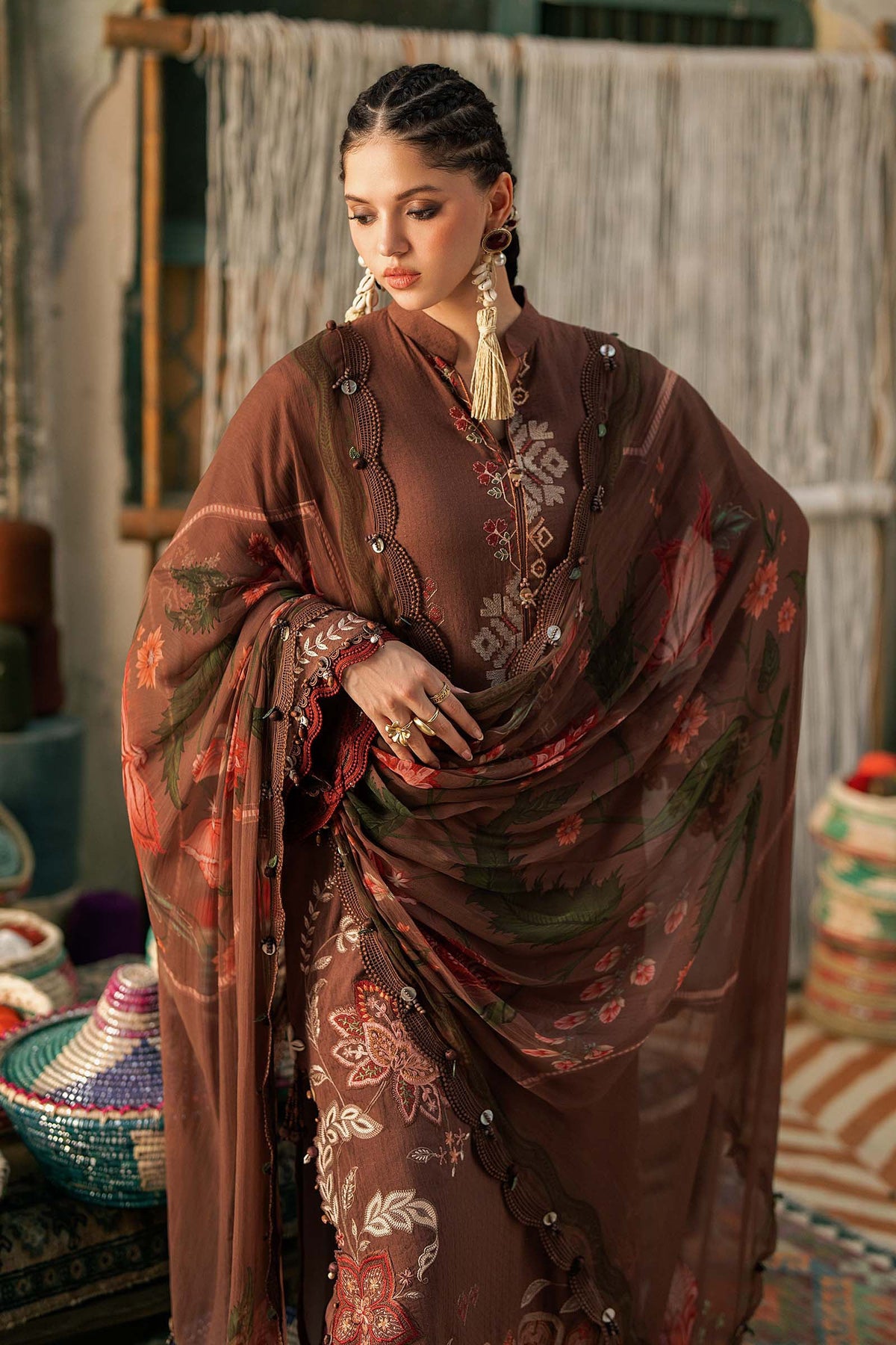 Maria B M Prints Fall 2026 MPT-3110-B Light Brown Pakistani 3 piece suit with embroidered Dobby Linen and Chiffon dupatta – LebaasOnline UK USA worldwide
