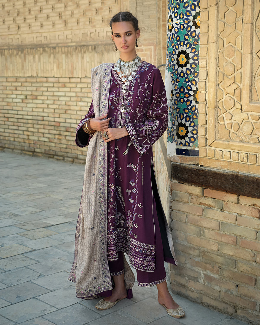 MUSHQ Winter Caravan Soleil 2026 embroidered Pakistani winter 3 piece suit with shawl