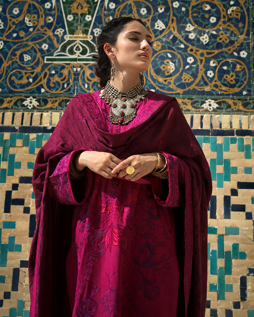 MUSHQ Dusk Whisper embroidered herringbone Pakistani winter suit with shawl