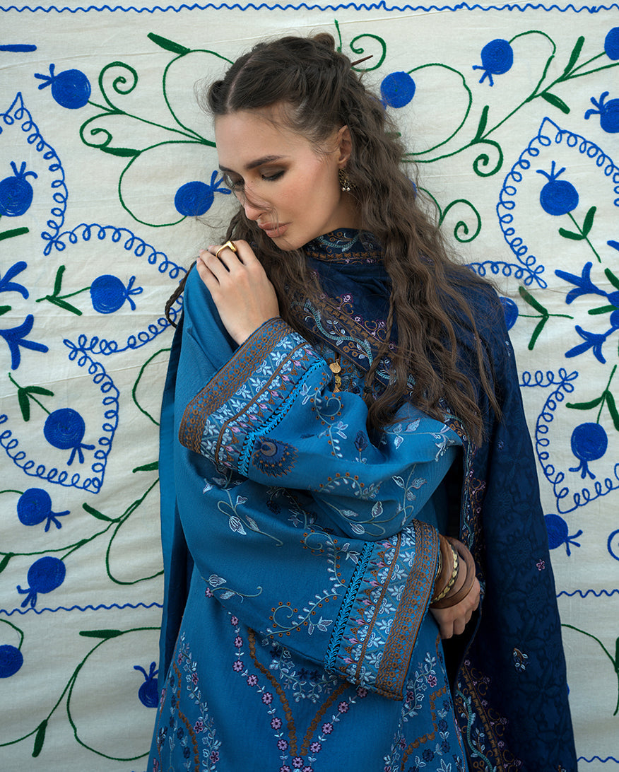 MUSHQ Heritage Haze embroidered herringbone Pakistani winter suit with Dobby viscose shawl
