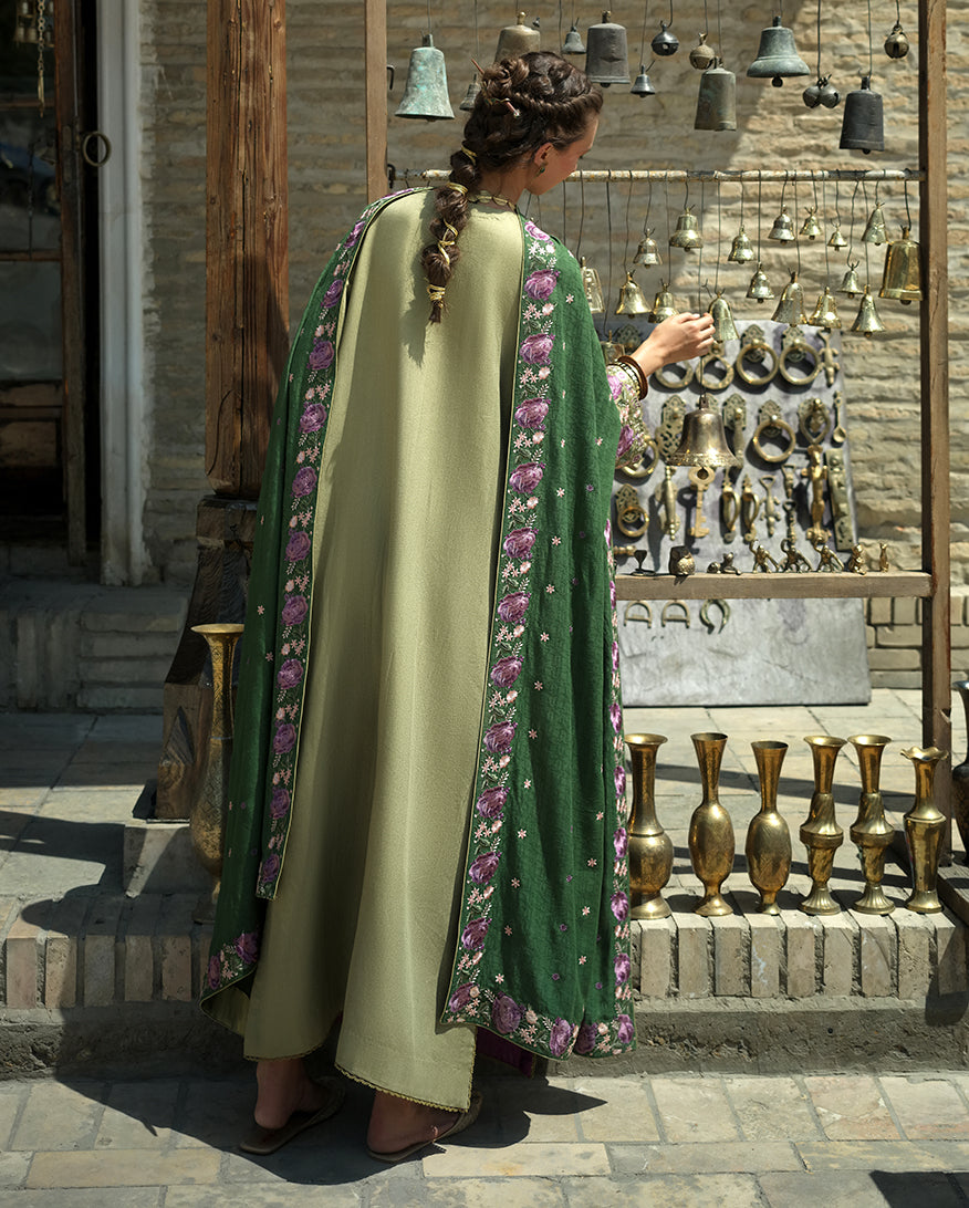 MUSHQ Desert Minaret embroidered crepe Pakistani winter suit with Dobby viscose shawl