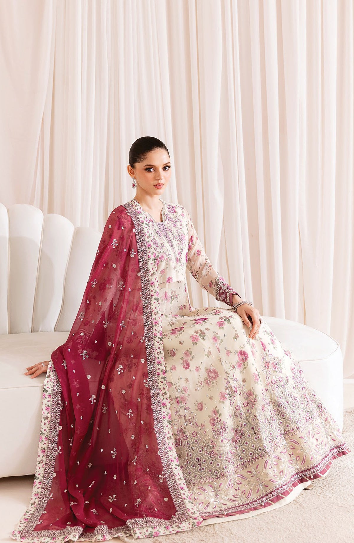 Xenia Formals Embroidered Chiffon Unstitched 3 Piece Suit - D-02 Dameera - XF25LFR - White - Luxury Collection